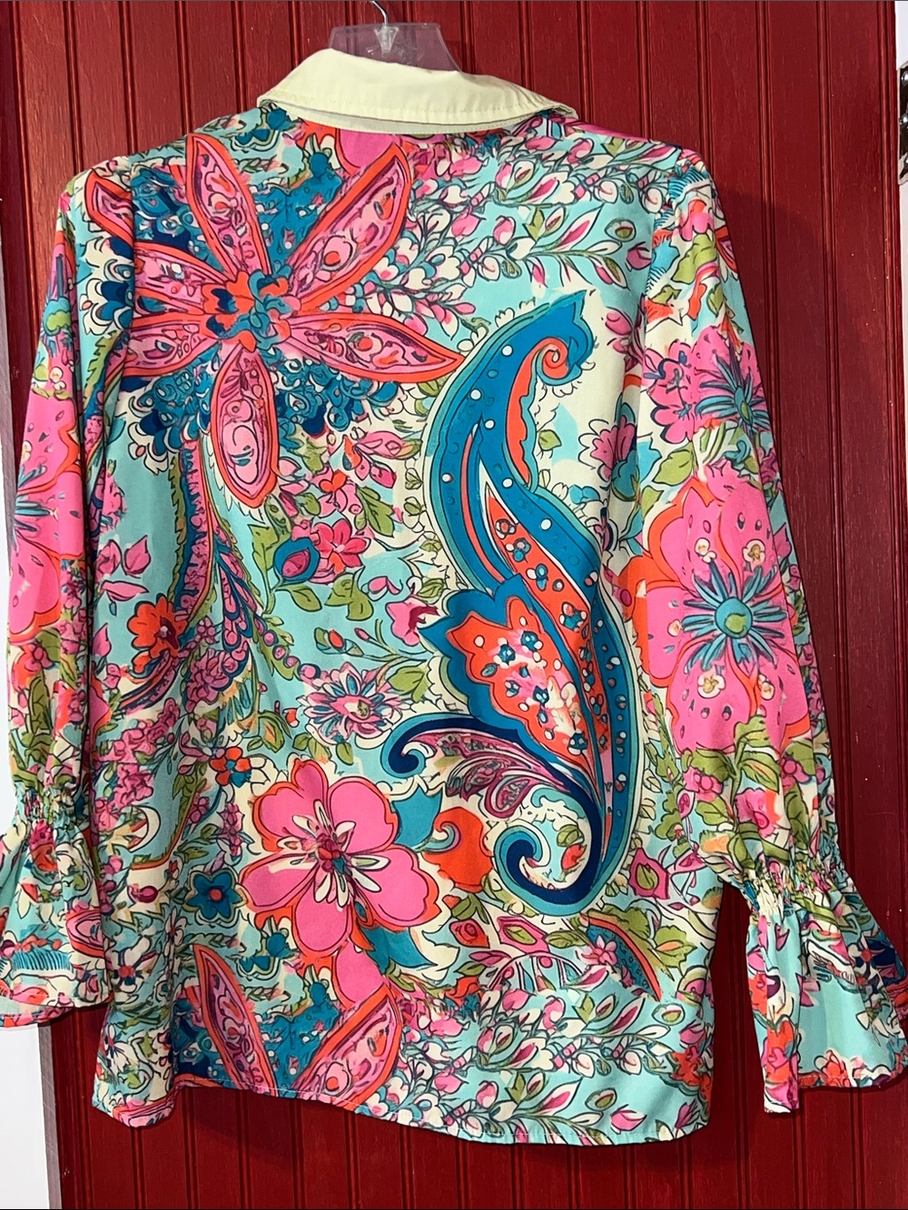 Cherry Betty Vibrant Floral Paisley Blouse in Aqua & Pink size M - Picture 3 of 9